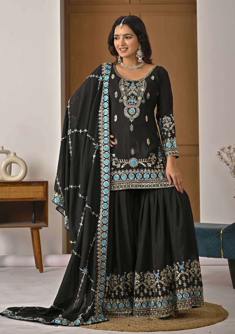 Black Embroidered Silk Blend Sharara Set - Indya