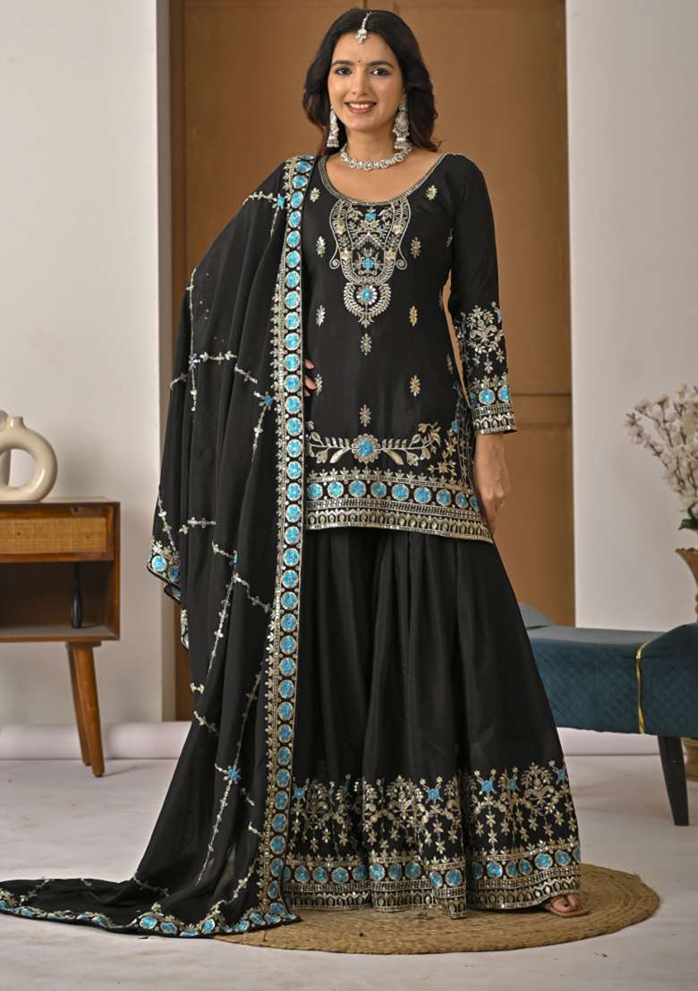 Black Embroidered Silk Blend Sharara Set - Indya