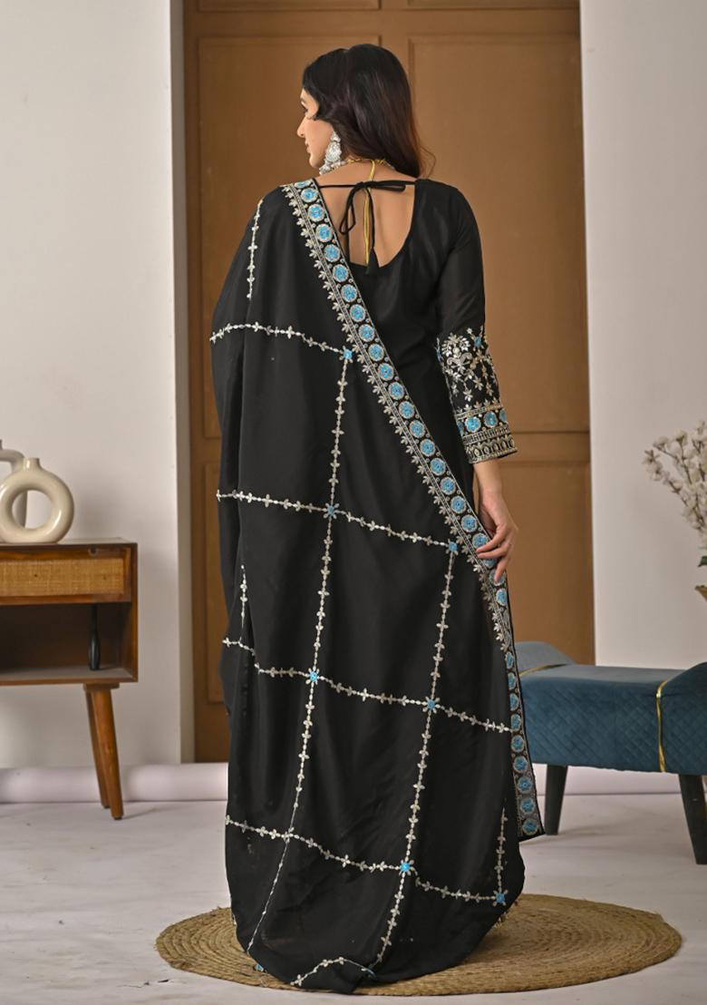 Black Embroidered Silk Kurta Set - Indya