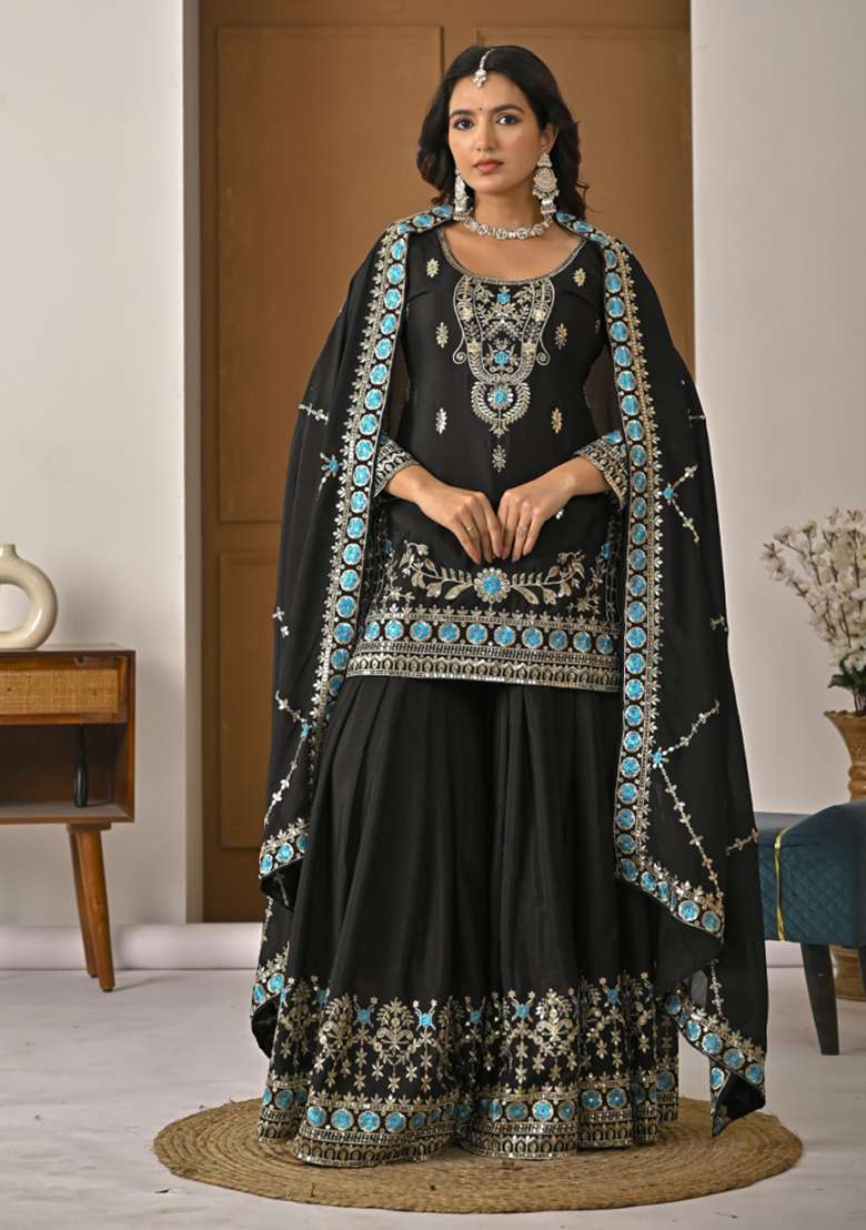 Black Embroidered Silk Blend Sharara Set - Indya