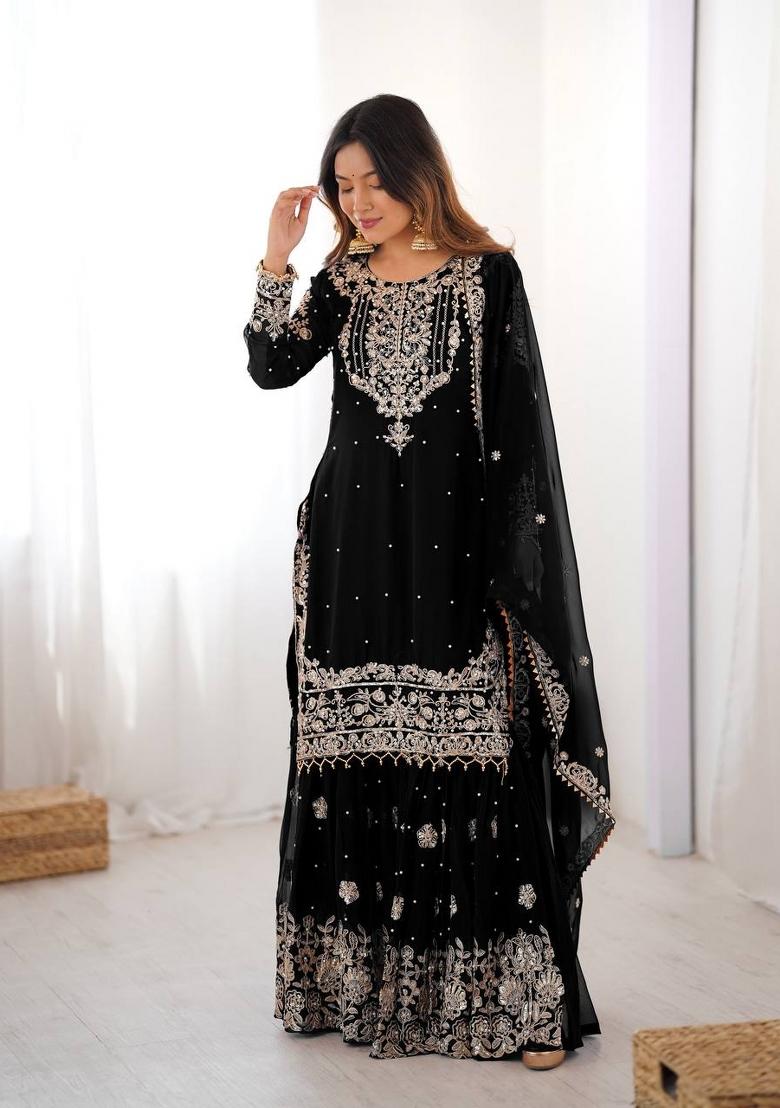 Black Embroidered Georgette Kurta Set - Indya
