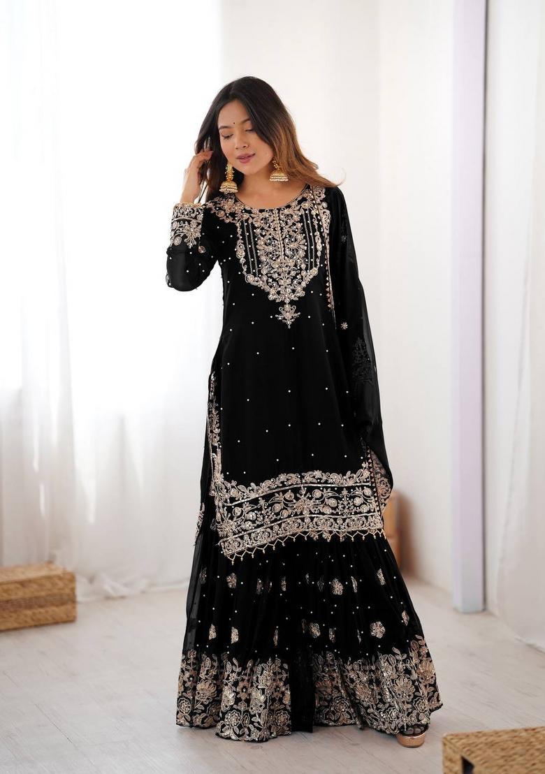 Black Embroidered Georgette Kurta Set - Indya