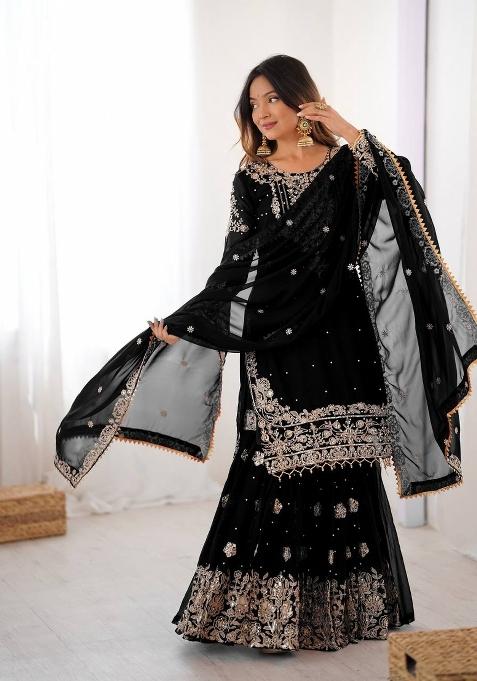 Black Embroidered Georgette Kurta Set