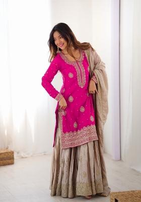 Pink Beige Sequins Silk Kurta Set