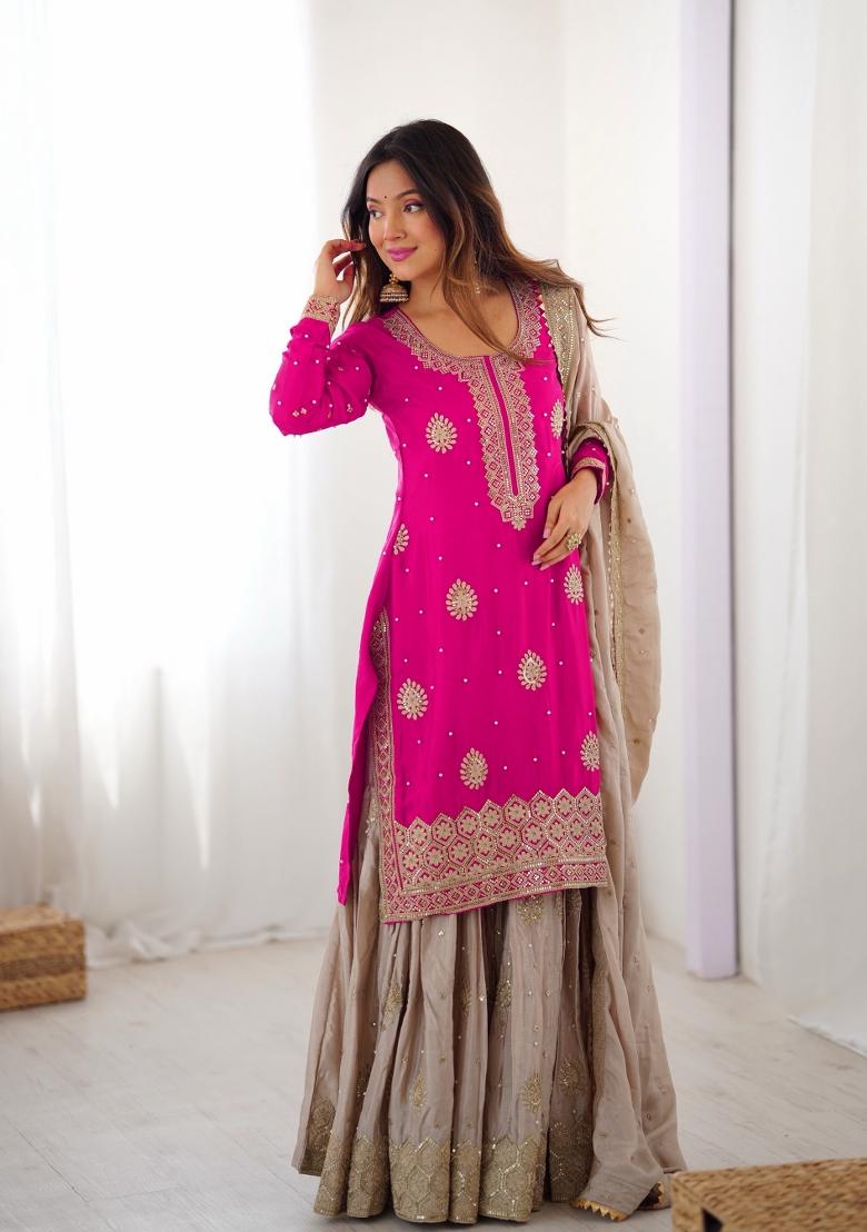 Pink Beige Sequins Silk Kurta Set - Indya