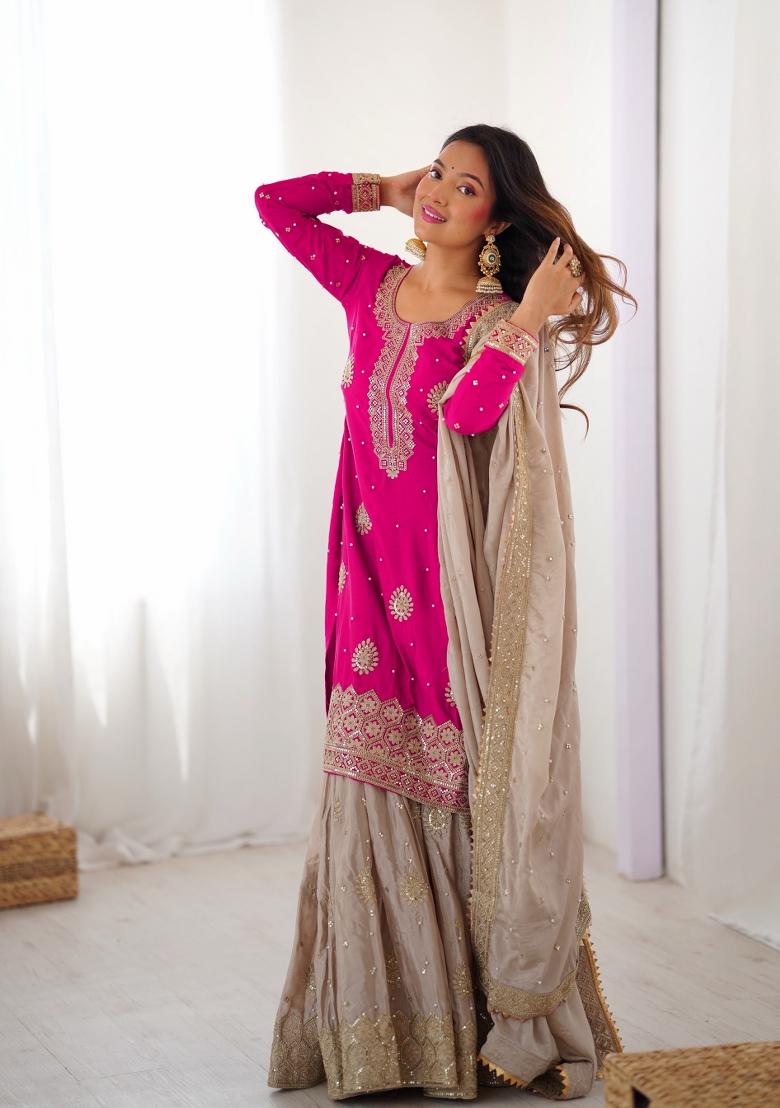 Pink Beige Sequins Silk Kurta Set - Indya