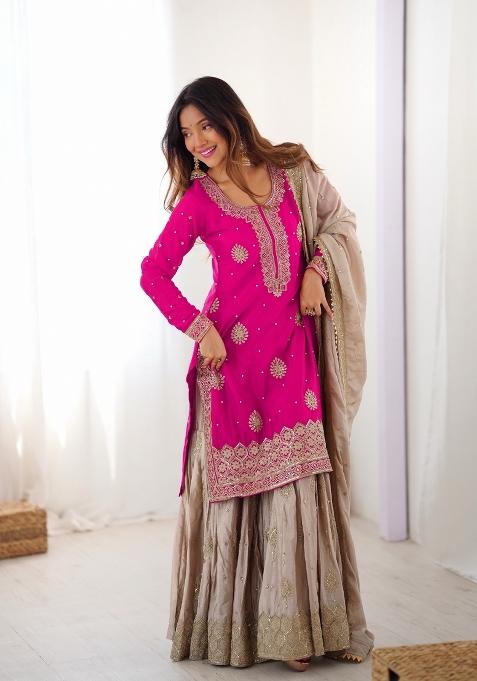 Pink Beige Sequins Silk Kurta Set