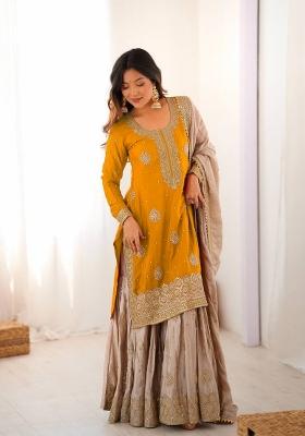 Yellow And Beige Sequins Silk Kurta Set