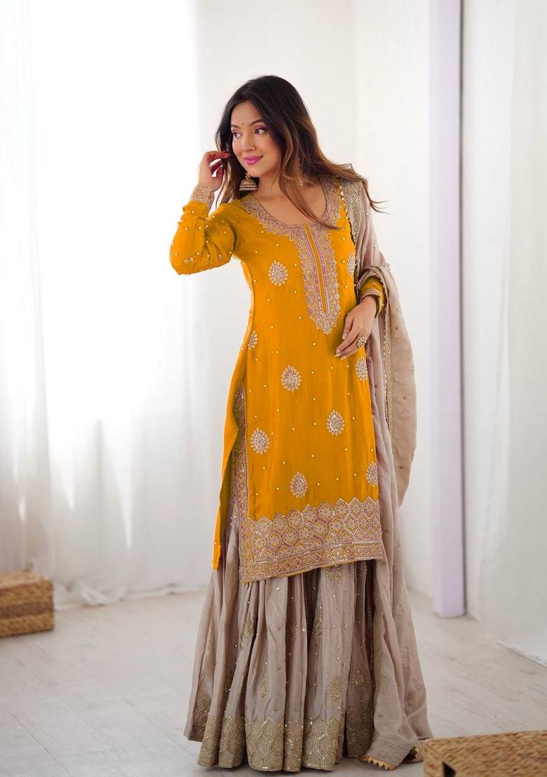 Yellow And Beige Sequins Silk Kurta Set - Indya