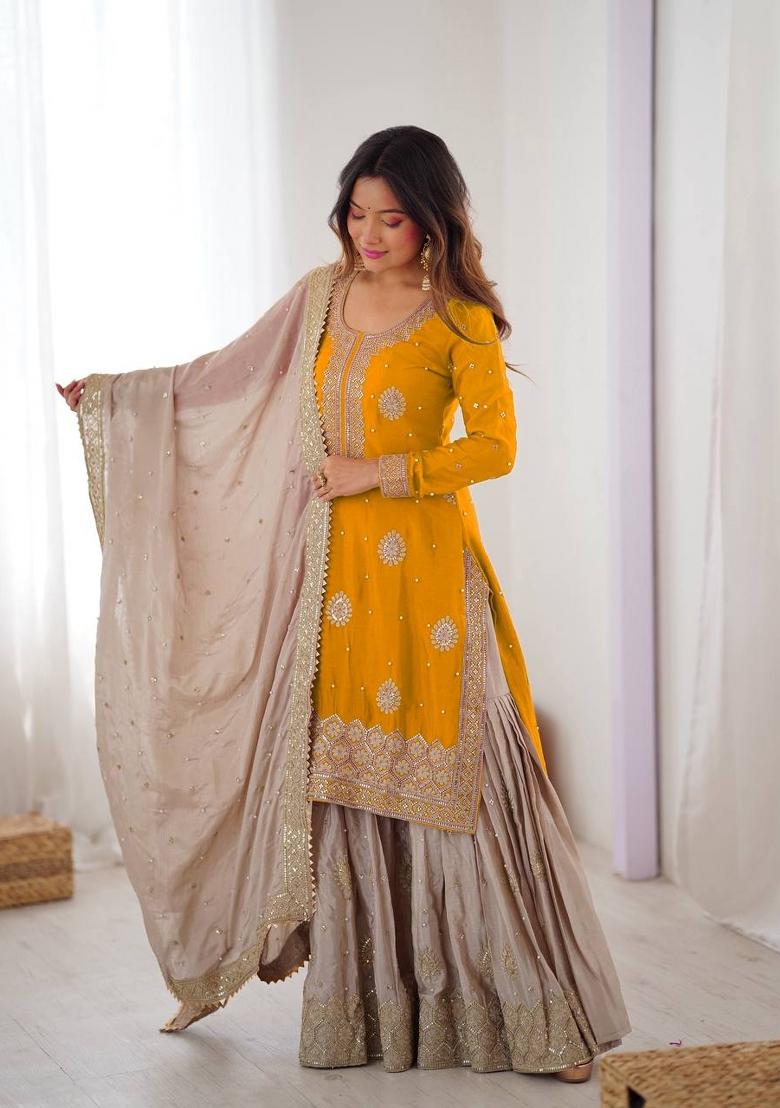Yellow And Beige Sequins Silk Kurta Set - Indya