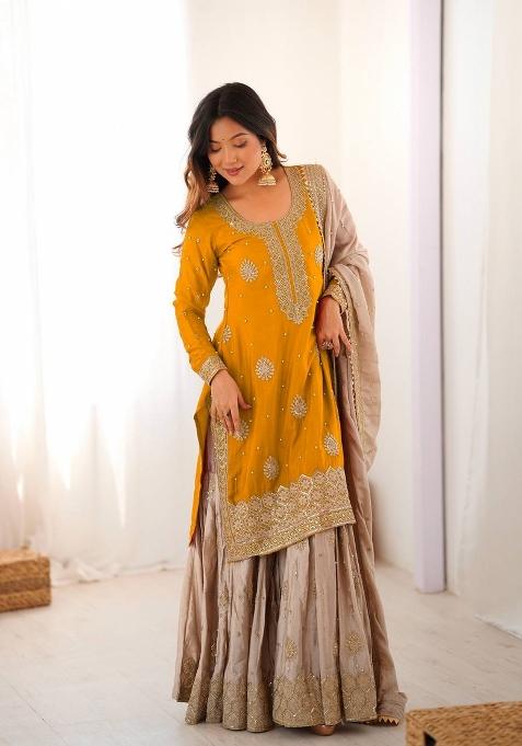 Yellow And Beige Sequins Silk Kurta Set