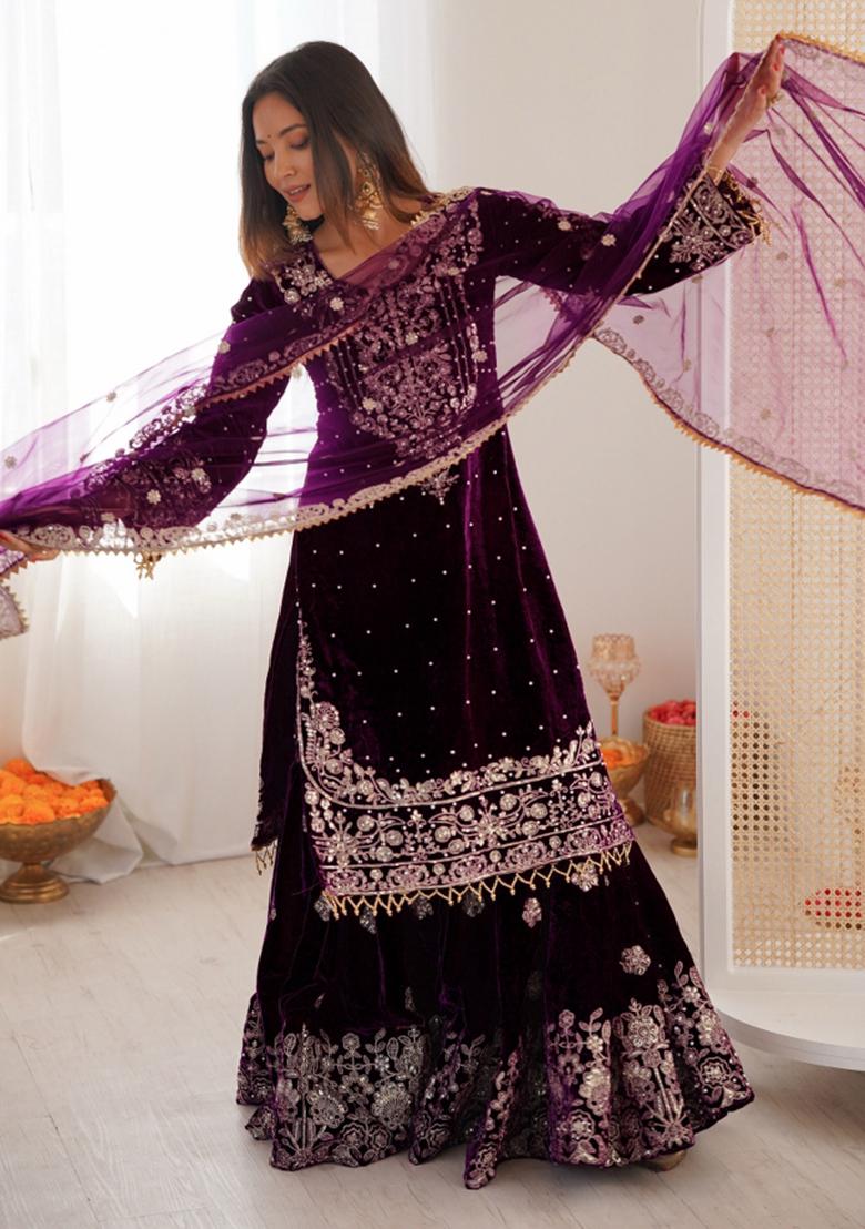 Wine Embroidered Velvet Kurta Set - Indya