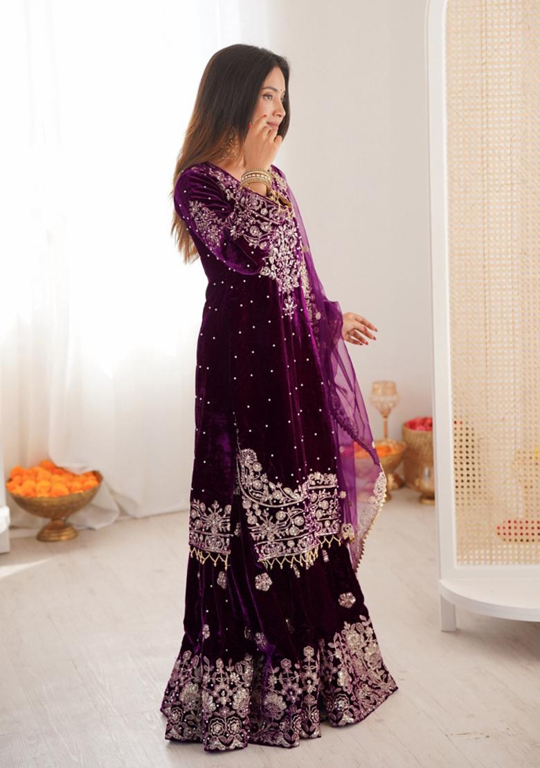 Wine Embroidered Velvet Kurta Set - Indya