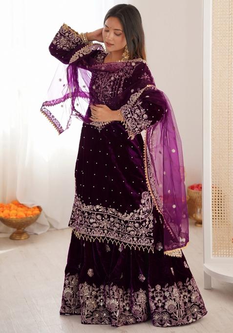 Wine Embroidered Velvet Kurta Set