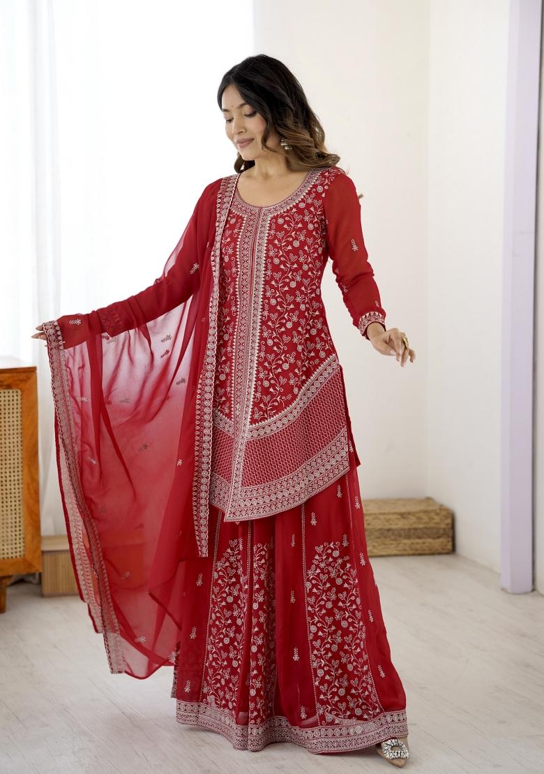 Red Embroidered Georgette Kurta Set - Indya