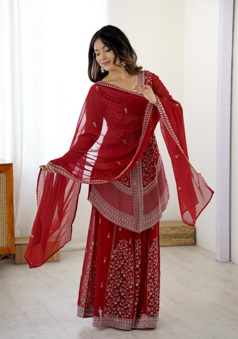 Red Embroidered Georgette Kurta Set - Indya