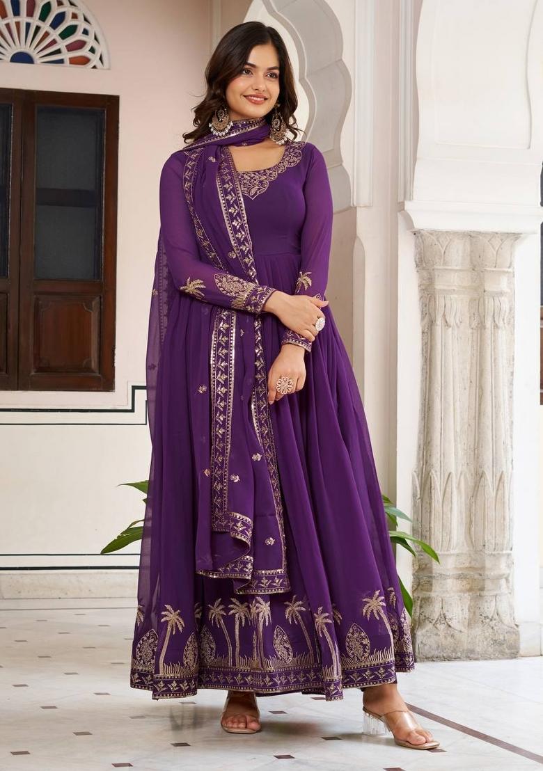 Purple Sequins Georgette Kurta Set - Indya