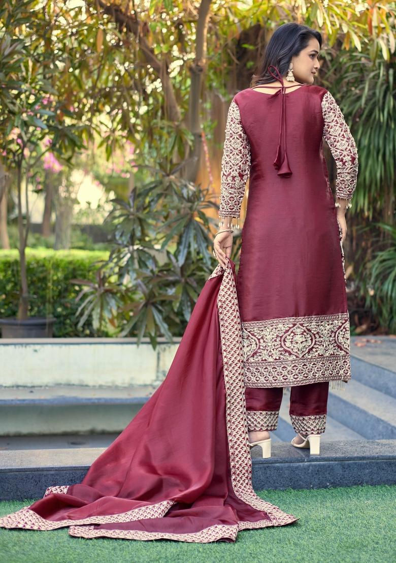 Maroon Embroidered Silk Kurta Set - Indya