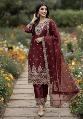 Maroon Embroidered Silk Kurta Set