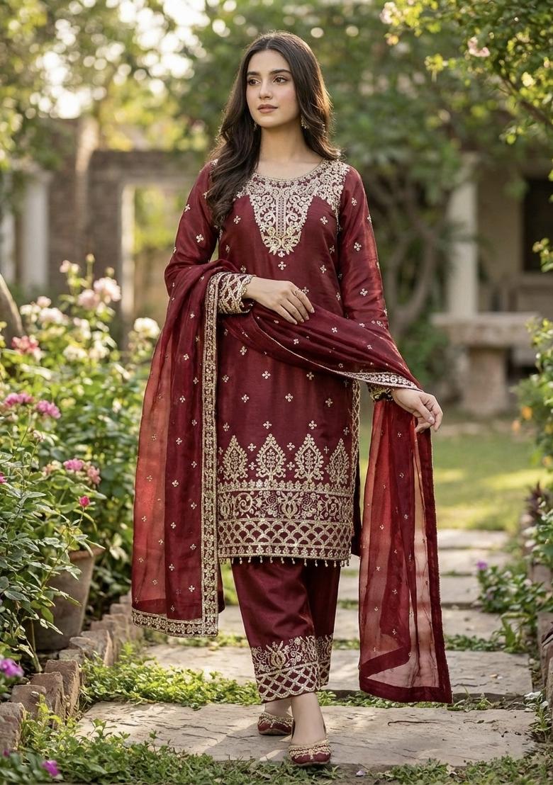 Maroon Embroidered Silk Kurta Set - Indya