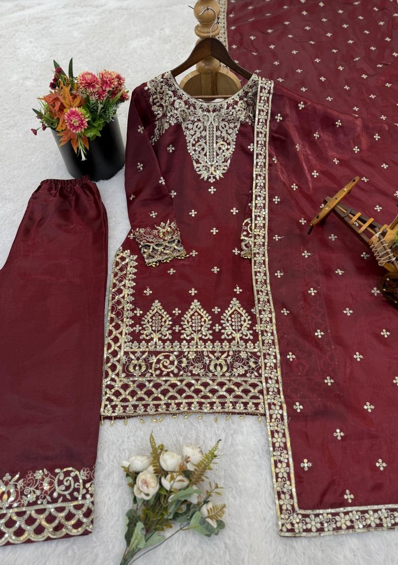 Maroon Embroidered Silk Kurta Set - Indya