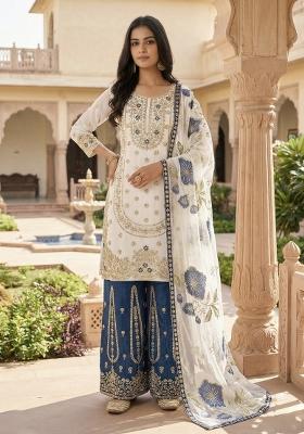 White And Blue Embroidered Silk Kurta Set