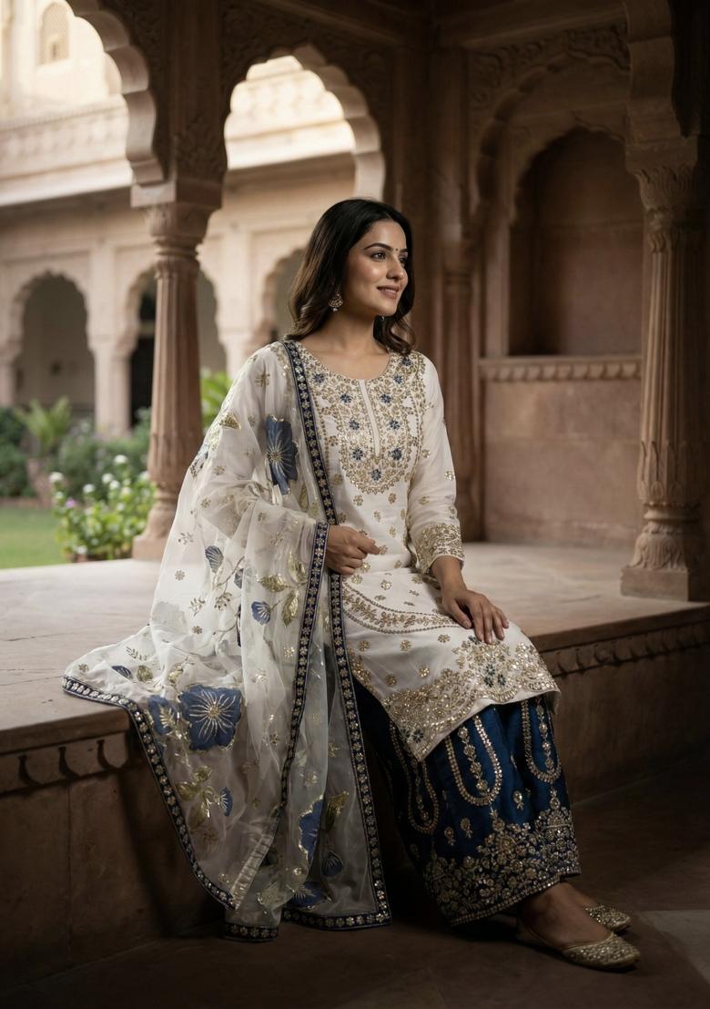 White And Blue Embroidered Silk Kurta Set - Indya