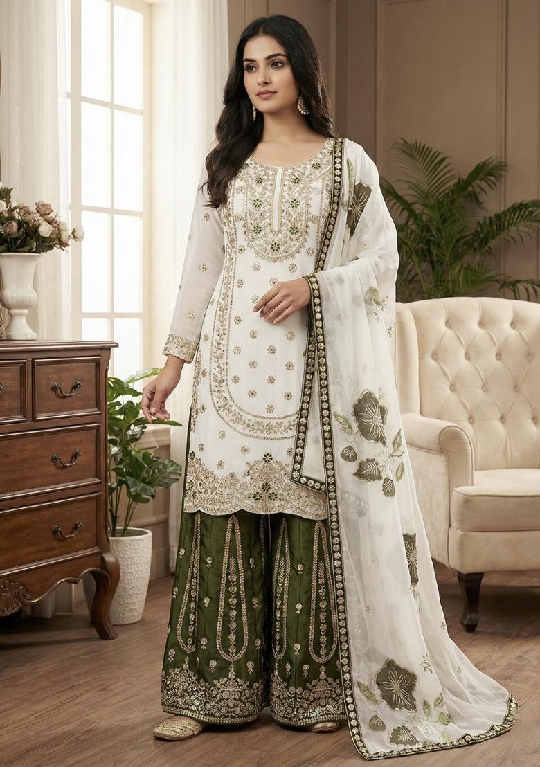 White Mehendi Green Embroidered Silk Kurta Set - Indya