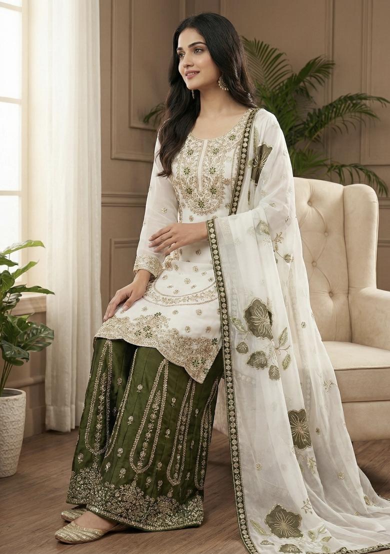 White Mehendi Green Embroidered Silk Kurta Set - Indya