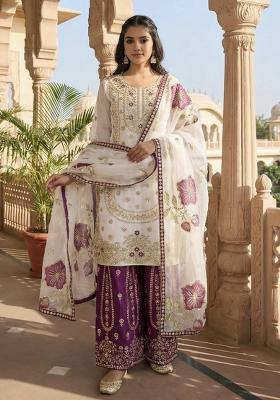 White And Purple Embroidered Silk Kurta Set