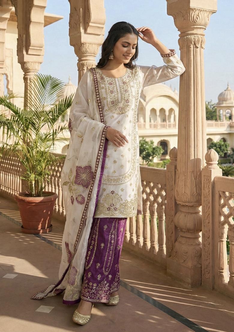 White And Purple Embroidered Silk Kurta Set - Indya