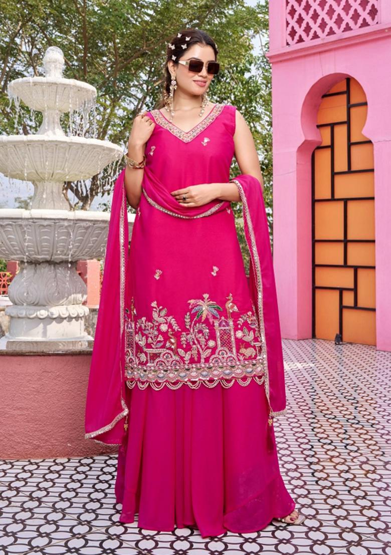 Pink Embroidered Georgette Kurta Set - Indya