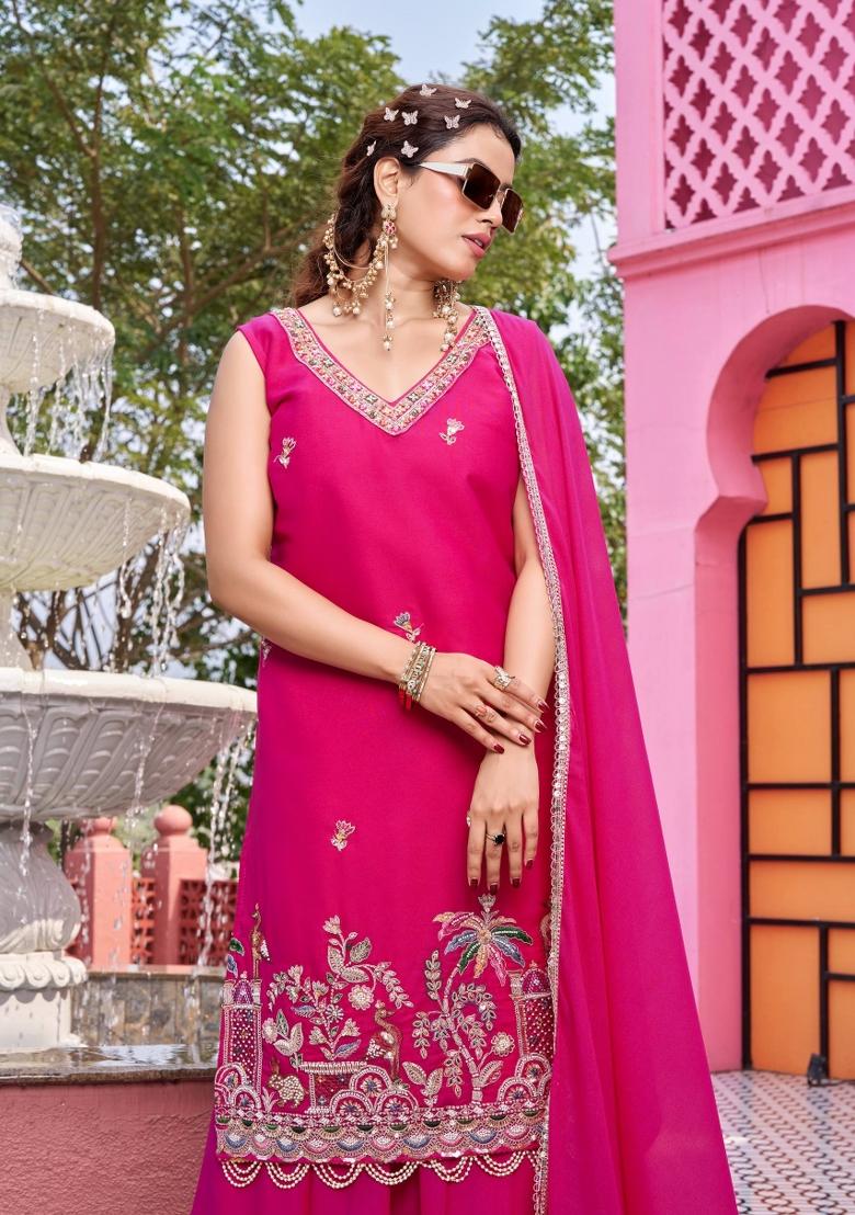 Pink Embroidered Georgette Kurta Set - Indya