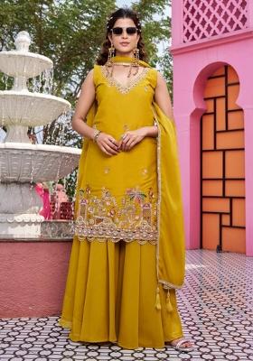 Yellow Embroidered Georgette Kurta Set