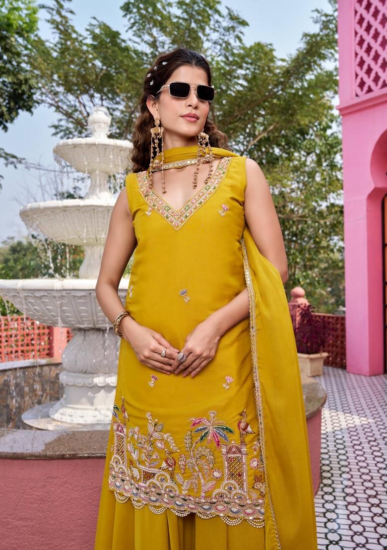 Yellow Embroidered Georgette Kurta Set - Indya