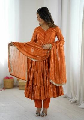 Orange Mirror Work Silk Kurta Set