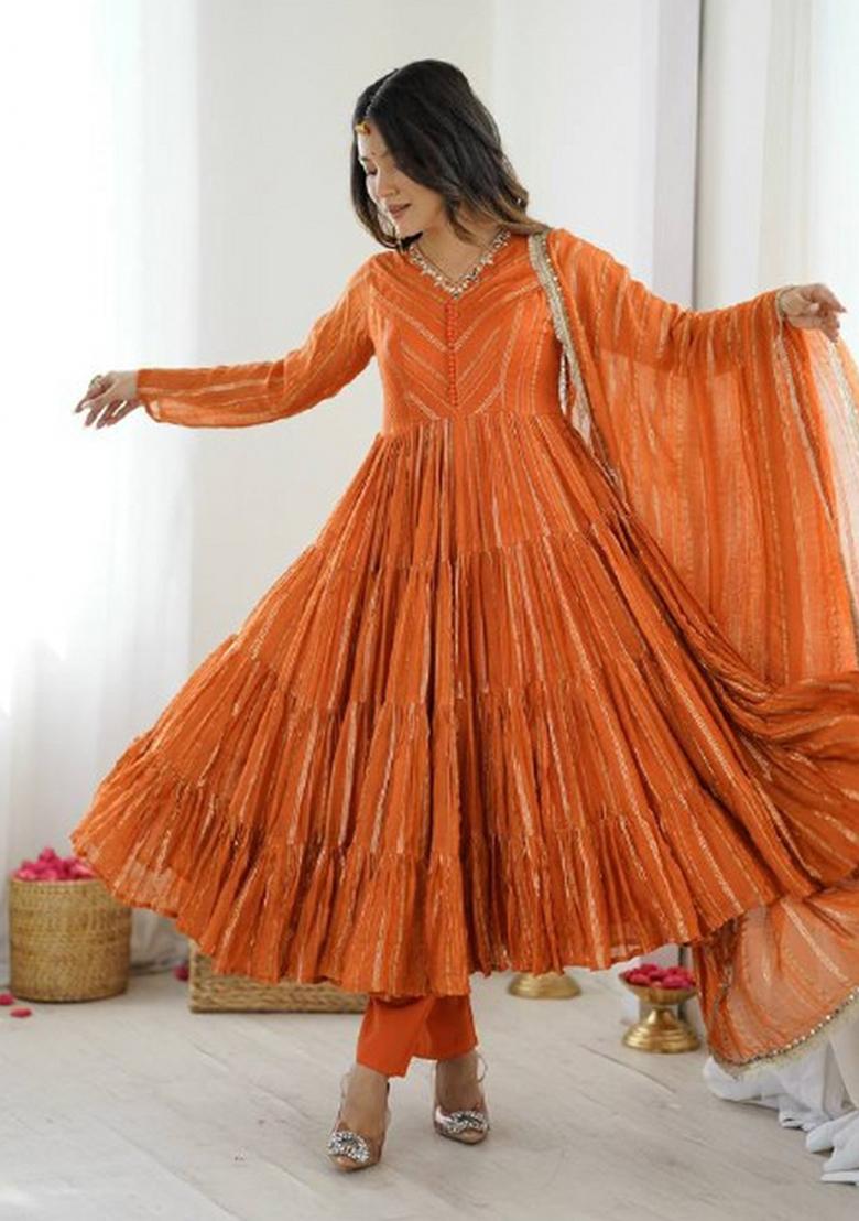 Orange Mirror Work Silk Kurta Set - Indya