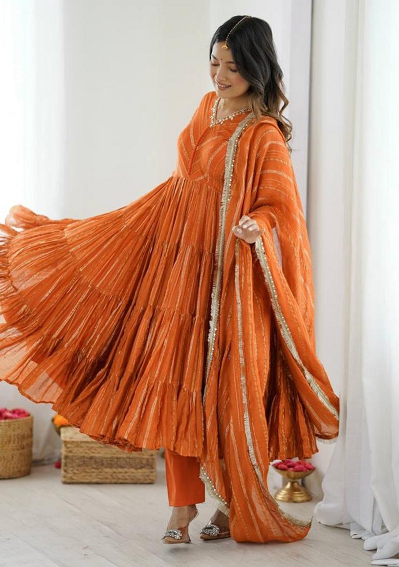 Orange Mirror Work Silk Kurta Set - Indya