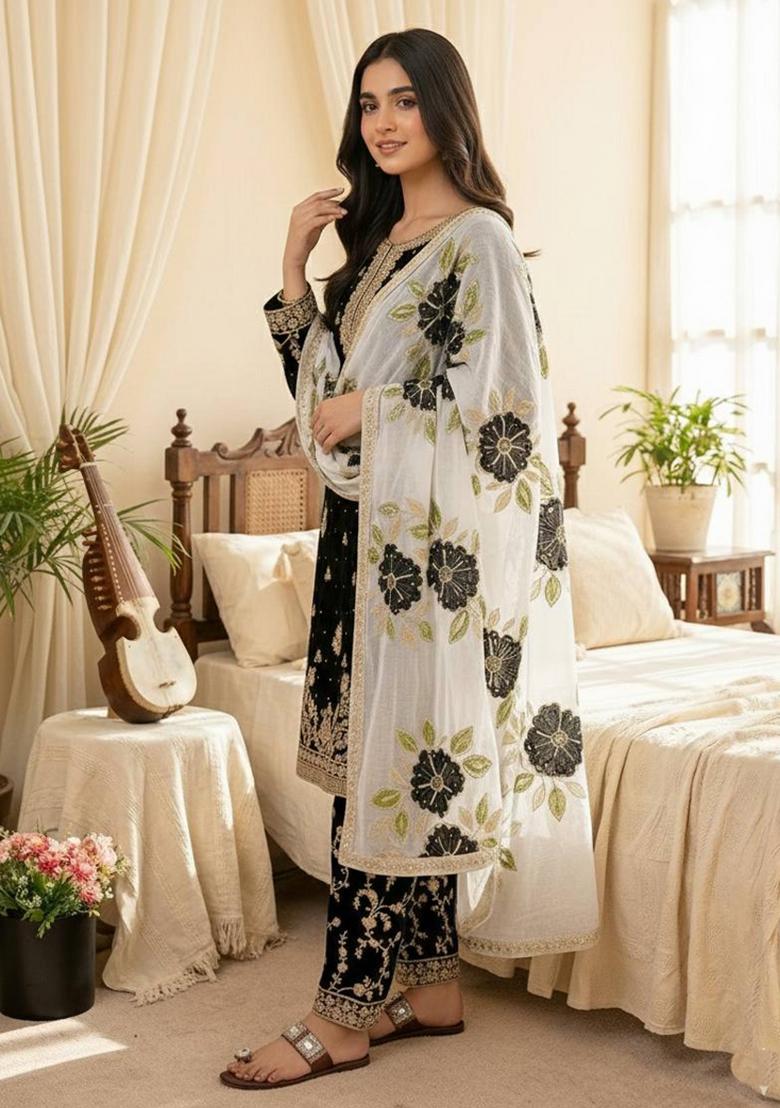 Multicolor Embroidered Silk Kurta Set - Indya