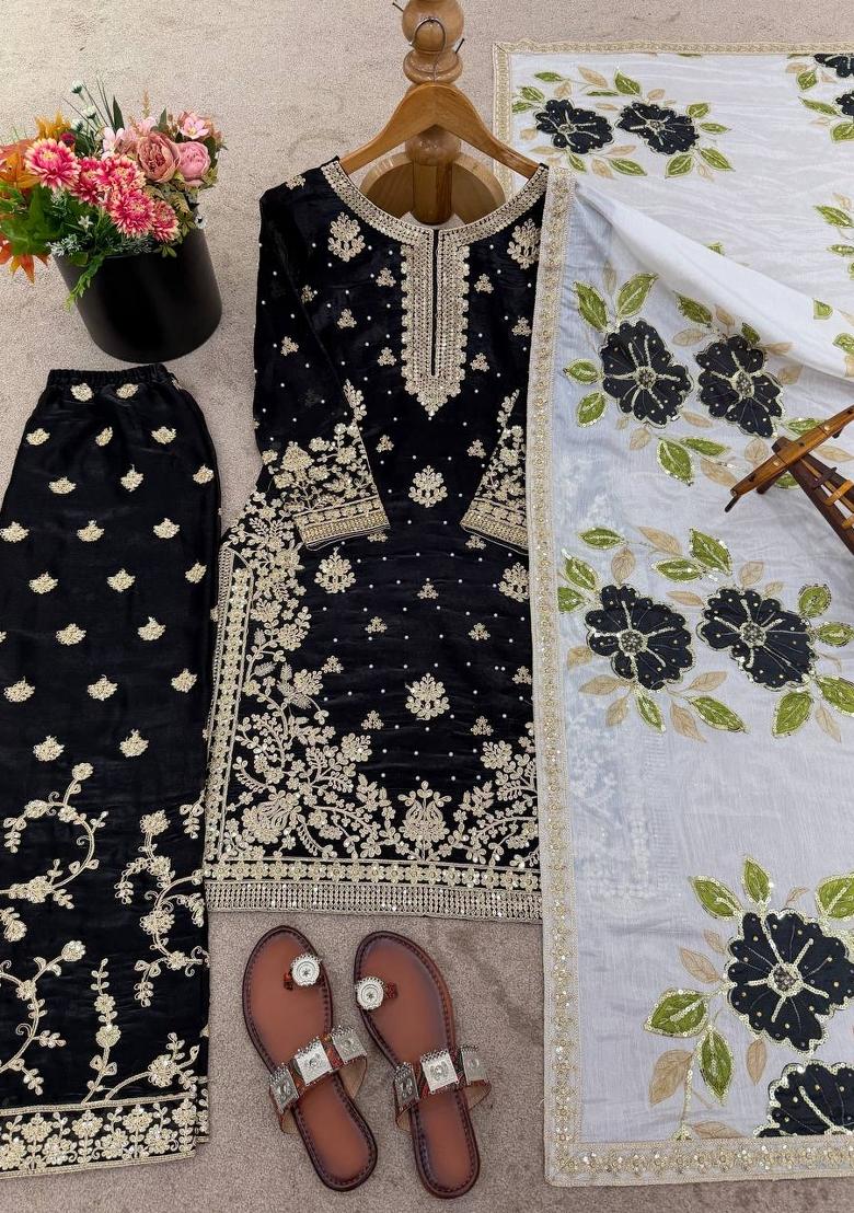 Multicolor Embroidered Silk Kurta Set - Indya