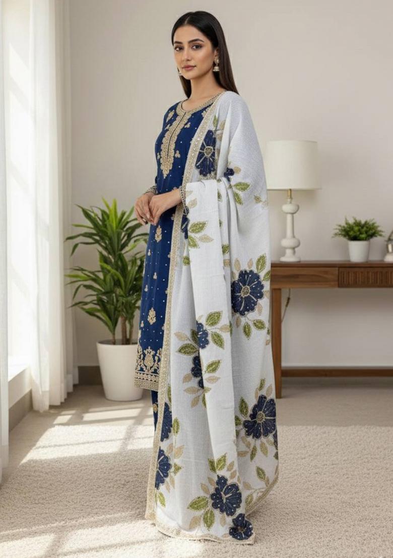 Multicolor Embroidered Silk Kurta Set - Indya