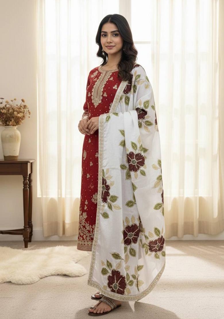 Multicolor Embroidered Silk Kurta Set - Indya