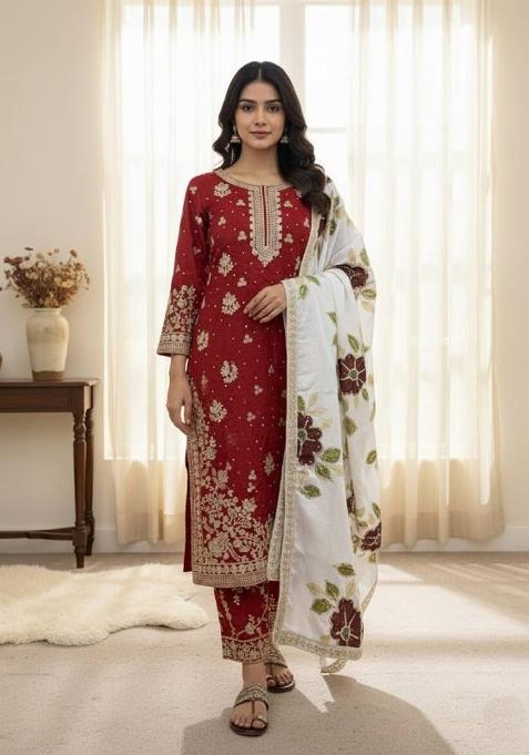 Multicolor Embroidered Silk Kurta Set