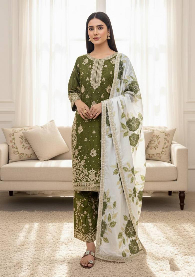 Multicolor Embroidered Silk Kurta Set - Indya