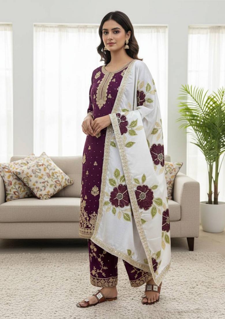 Multicolor Embroidered Silk Kurta Set - Indya