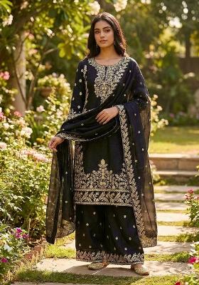 Black Embroidered Silk Kurta Set