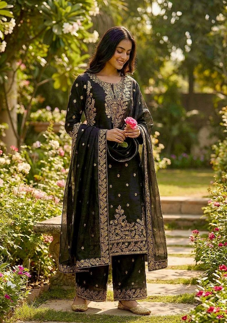 Black Embroidered Silk Kurta Set - Indya