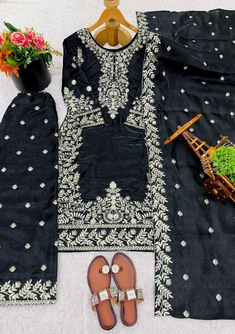 Black Embroidered Silk Kurta Set - Indya