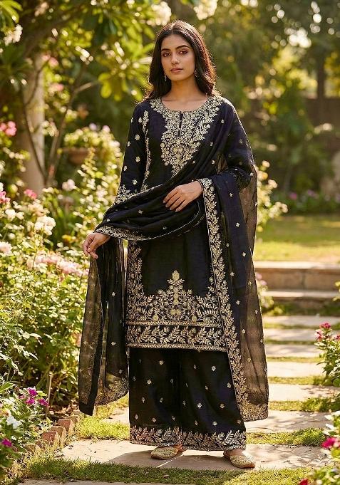 Black Embroidered Silk Kurta Set