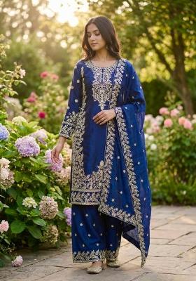 Blue Embroidered Silk Kurta Set